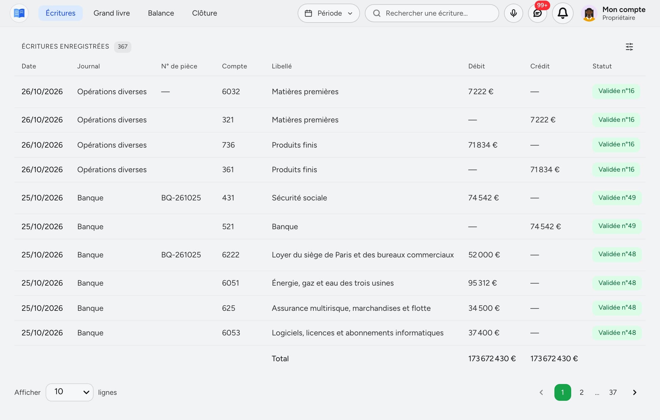 Capture de l'application. Comptabilité : la balance, avec le total des débits et des crédits de chaque compte.